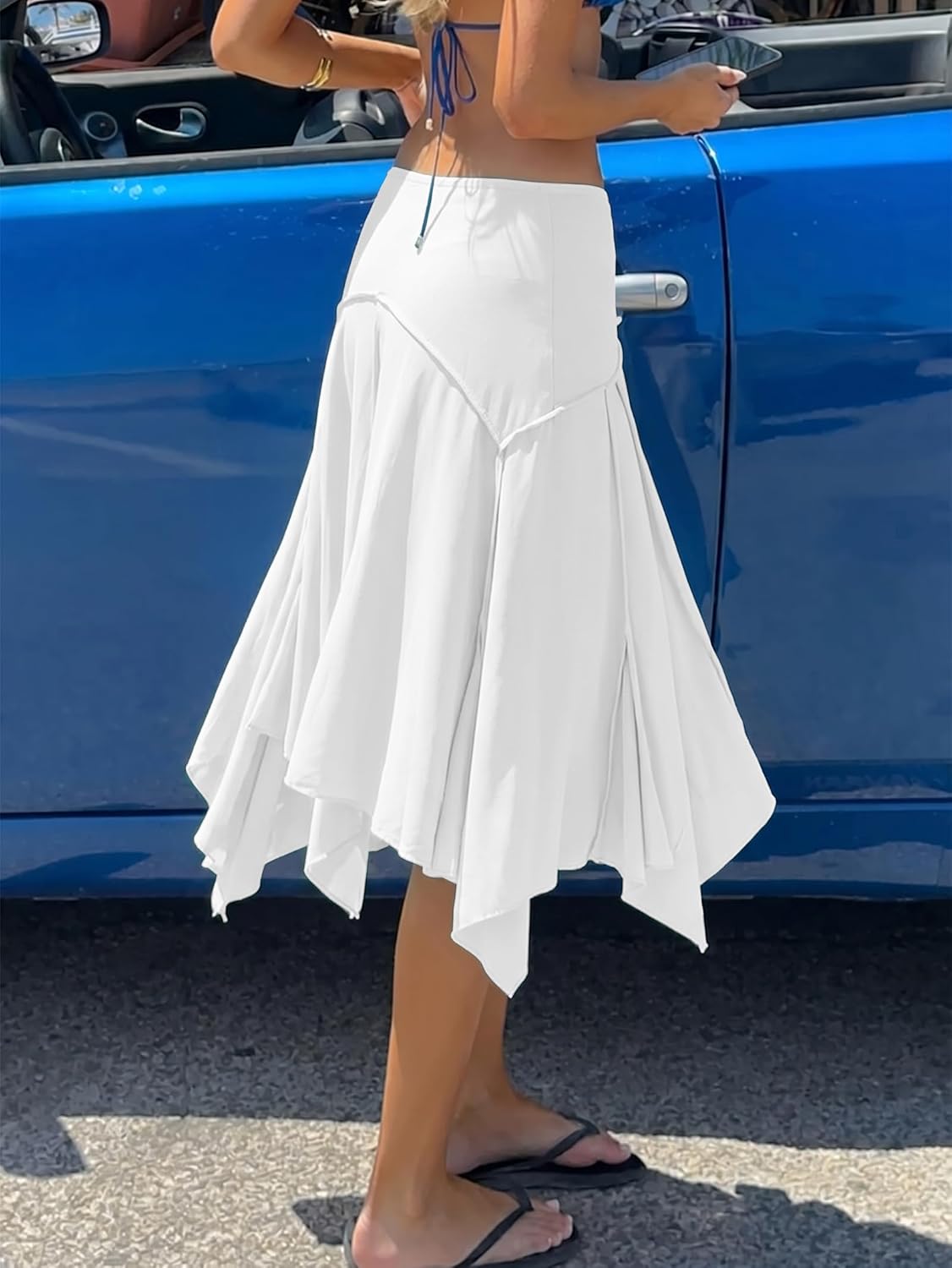 EMMIOL Women's Midi Skirt Asymmetrical Flowy Long Handkerchief Hem | Midi Knee length, Low Rise Y2k, Not See Through, Summer Back to School Outfits, Ideal for Beach Vacation Casual Wear