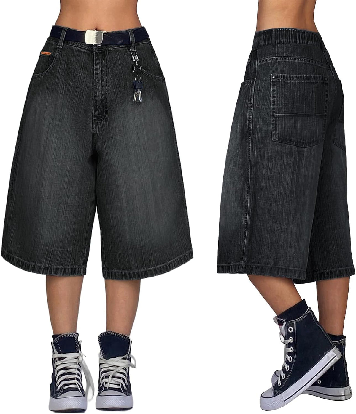 EMMIOL Baggy Jorts for Women Wide Leg Denim Shorts Y2k Elastic Waist Streetwear Boyfriend Jean Bermuda Shorts with Pockets