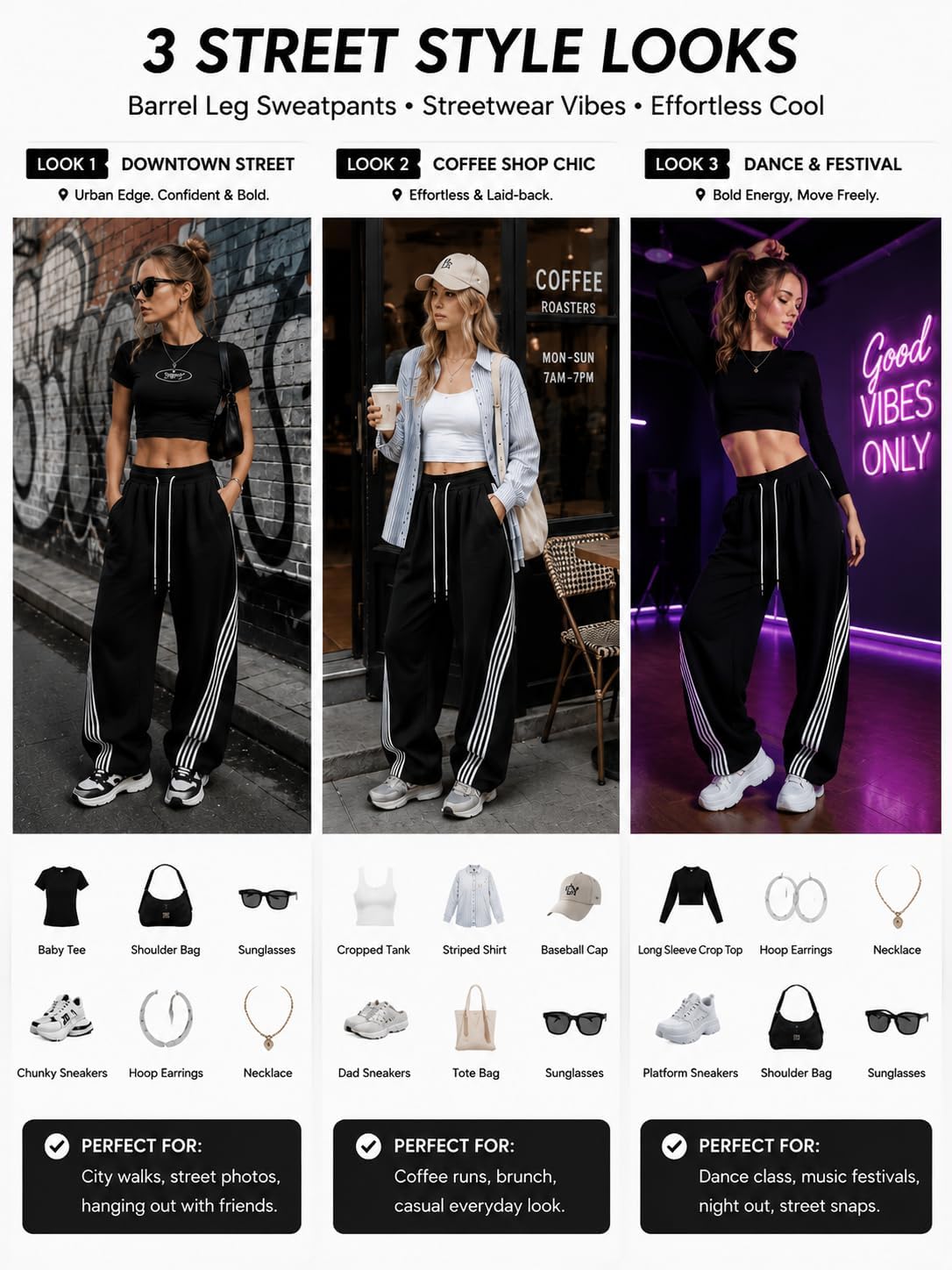 EMMIOL Women¡¯s Y2K Baggy Barrel Striped Sweatpants High Waisted Wide Leg | Track Pants, Drawstring Waist, Adjustable Hems, and Side Pockets, Ideal for Streetwear, Workouts, School, Casual, Nights Out
