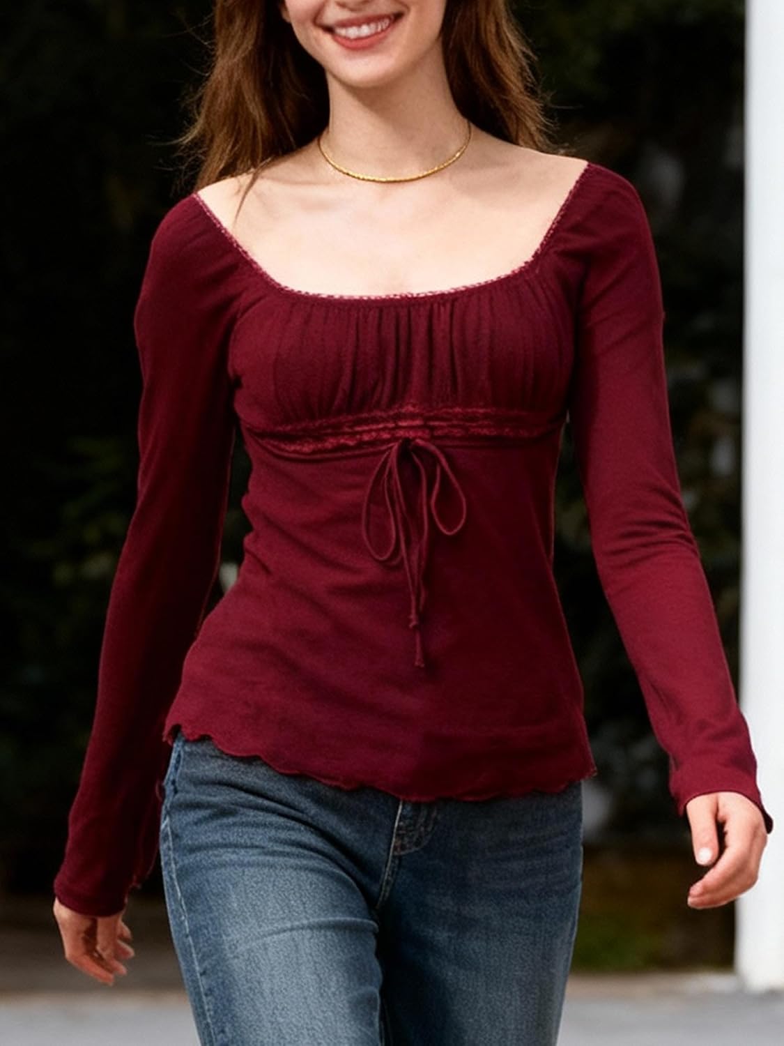 EMMIOL Y2K Mesh Top Women Babydoll Long Sleeve Stretchy Scoop Neck Shirt | Grunge Fairy Top,Breathable Soft Fabric,Casual layering,Going Out,Everyday Wear,Date Night