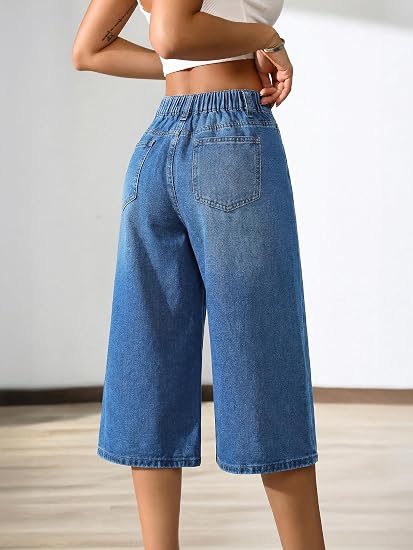 Elastic High Waisted Bermuda Jeans Shorts