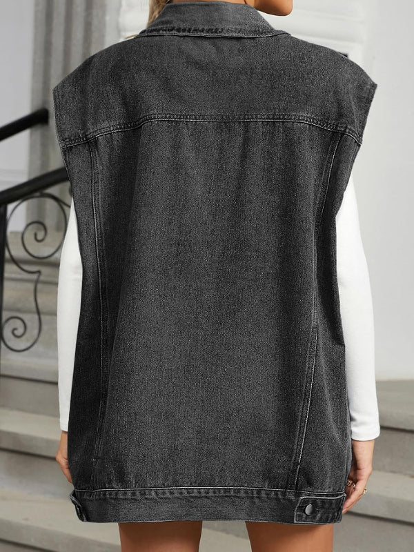 Denim Vest Womens Oversized Casual Jean Waistcoat Frayed Sleeveless Jacket Vest with Pockets