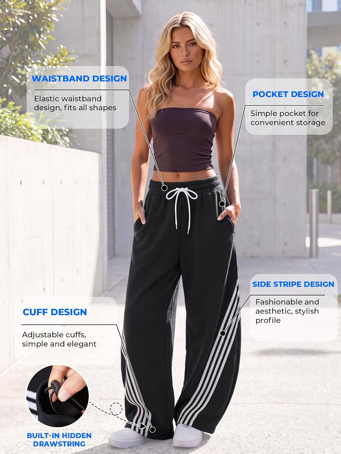 EMMIOL Women¡¯s Y2K Baggy Barrel Striped Sweatpants High Waisted Wide Leg | Track Pants, Drawstring Waist, Adjustable Hems, and Side Pockets, Ideal for Streetwear, Workouts, School, Casual, Nights Out