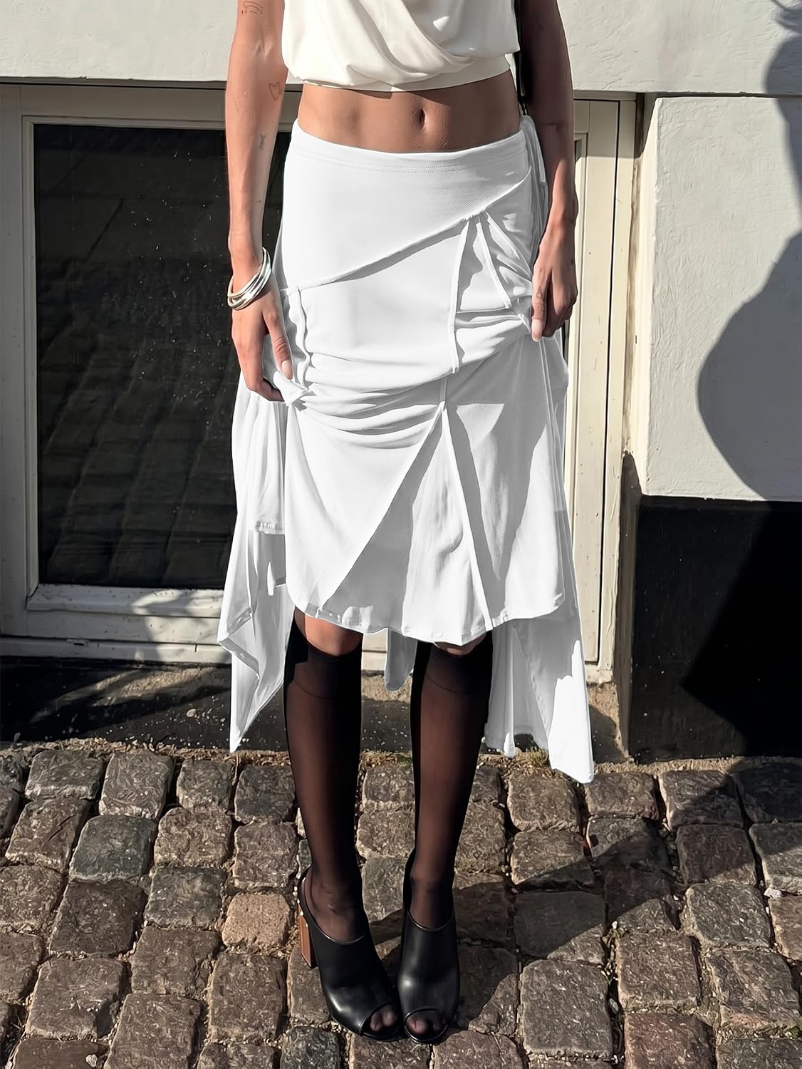 EMMIOL Women's Midi Skirt Asymmetrical Flowy Long Handkerchief Hem | Midi Knee length, Low Rise Y2k, Not See Through, Summer Back to School Outfits, Ideal for Beach Vacation Casual Wear