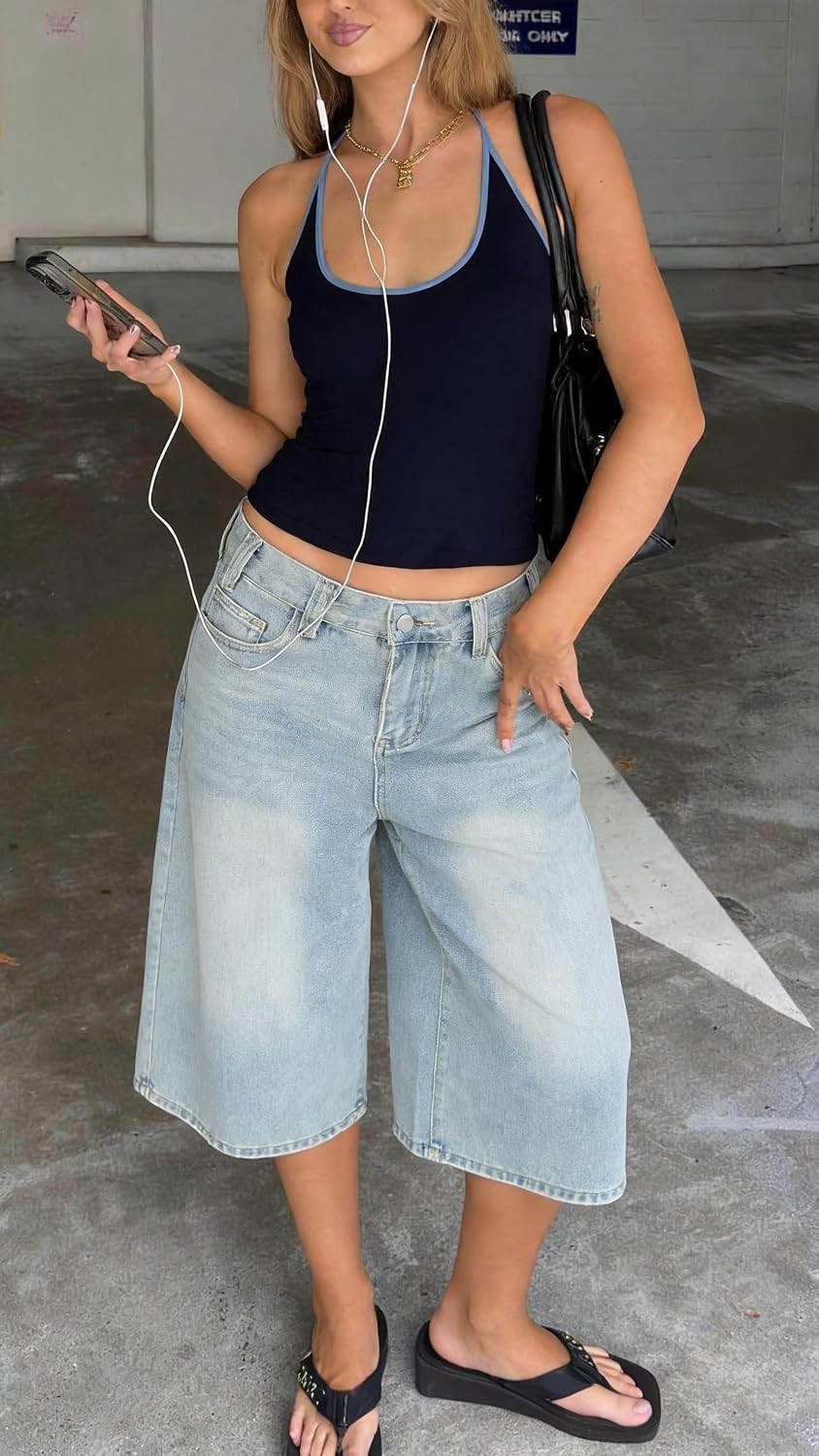 EMMIOL Machine Wash Y2K Jorts Women Wide Leg Baggy Long Jean Shorts Loose Fit Grunge Bermuda Denim Shorts