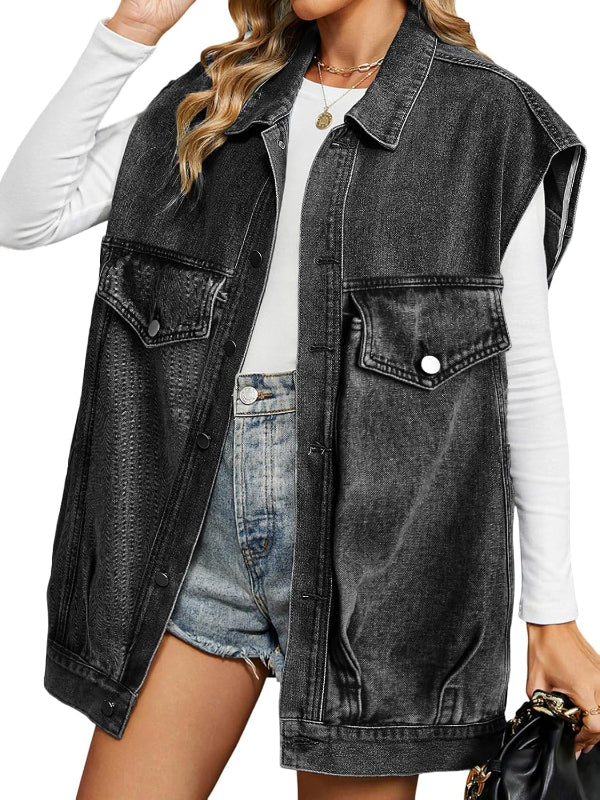 Denim Vest Womens Oversized Casual Jean Waistcoat Frayed Sleeveless Jacket Vest with Pockets