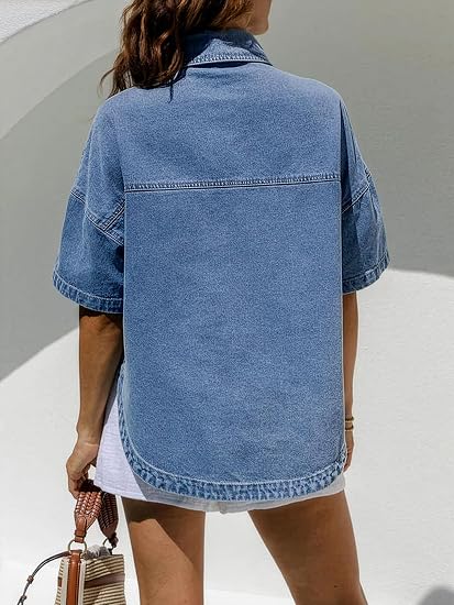 Oversized Distressed Button Down Denim Jacket