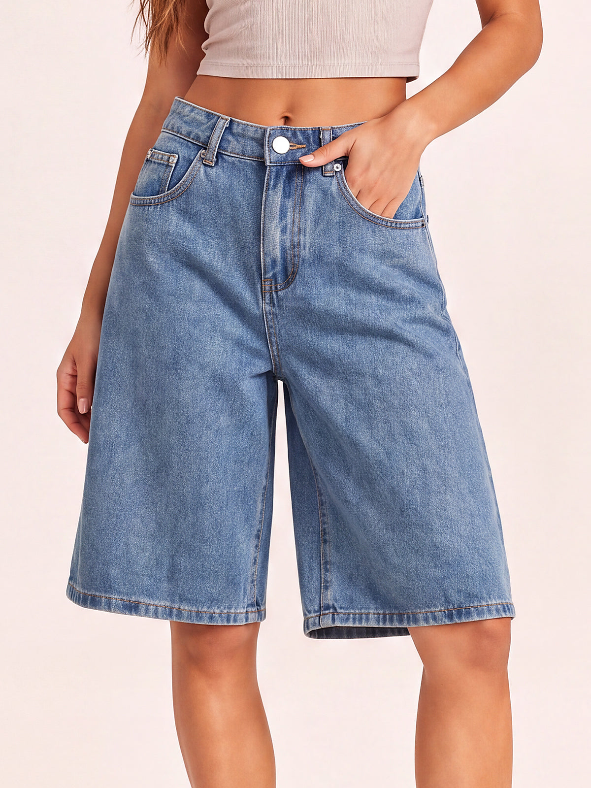 Women High Waisted Denim Bermuda Shorts