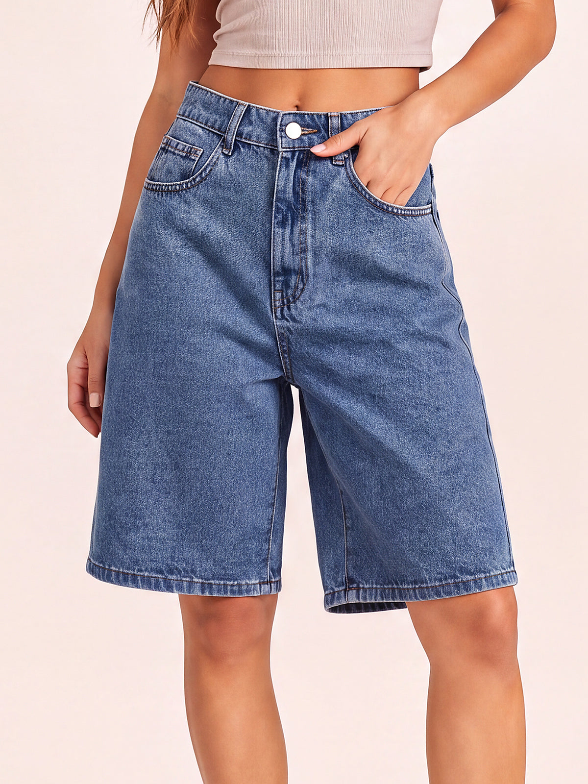 Women High Waisted Denim Bermuda Shorts