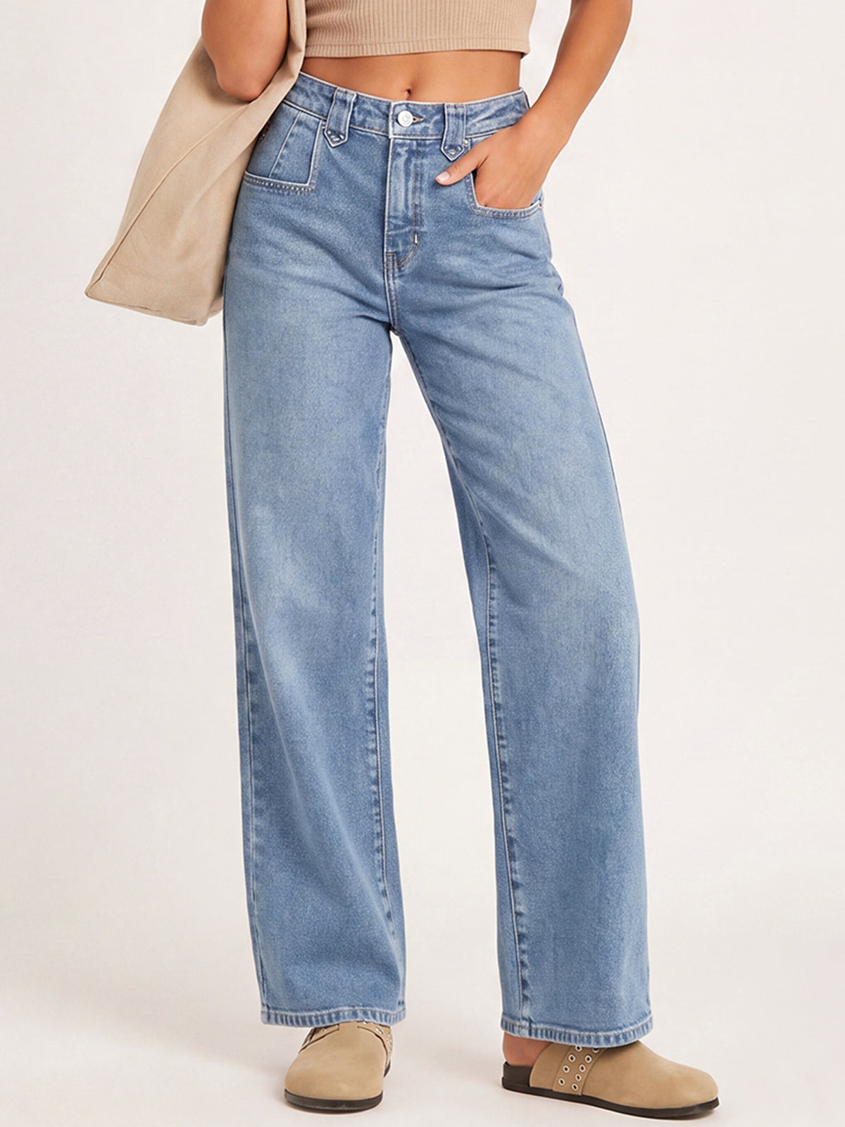 Mid High Rise Baggy Straight Leg Denim Pants