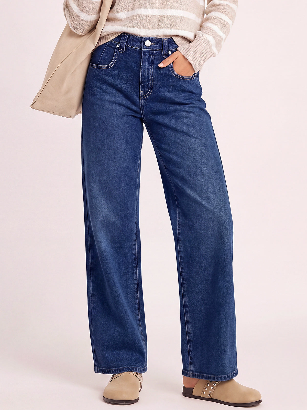 Mid High Rise Baggy Straight Leg Denim Pants
