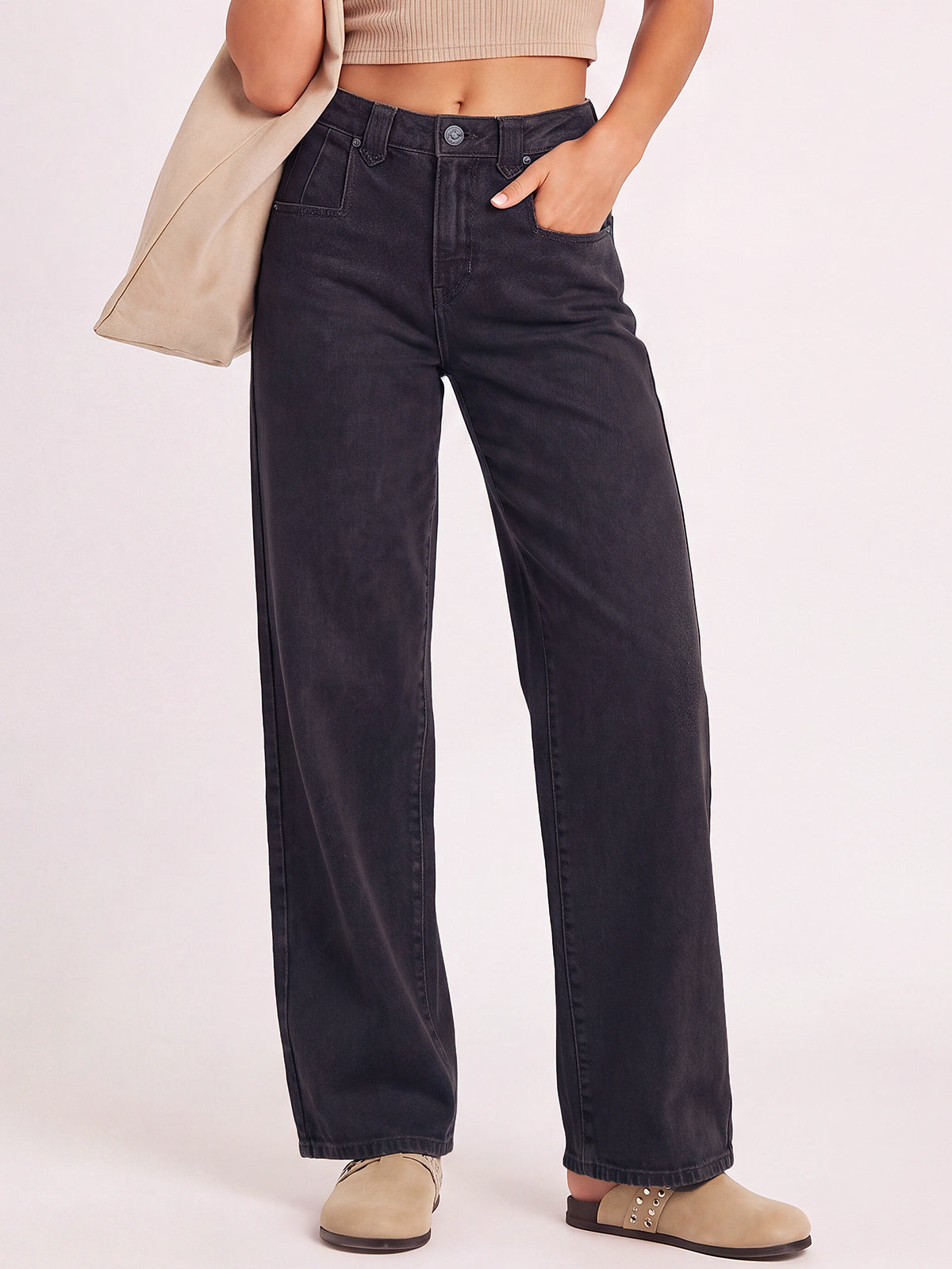 Mid High Rise Baggy Straight Leg Denim Pants