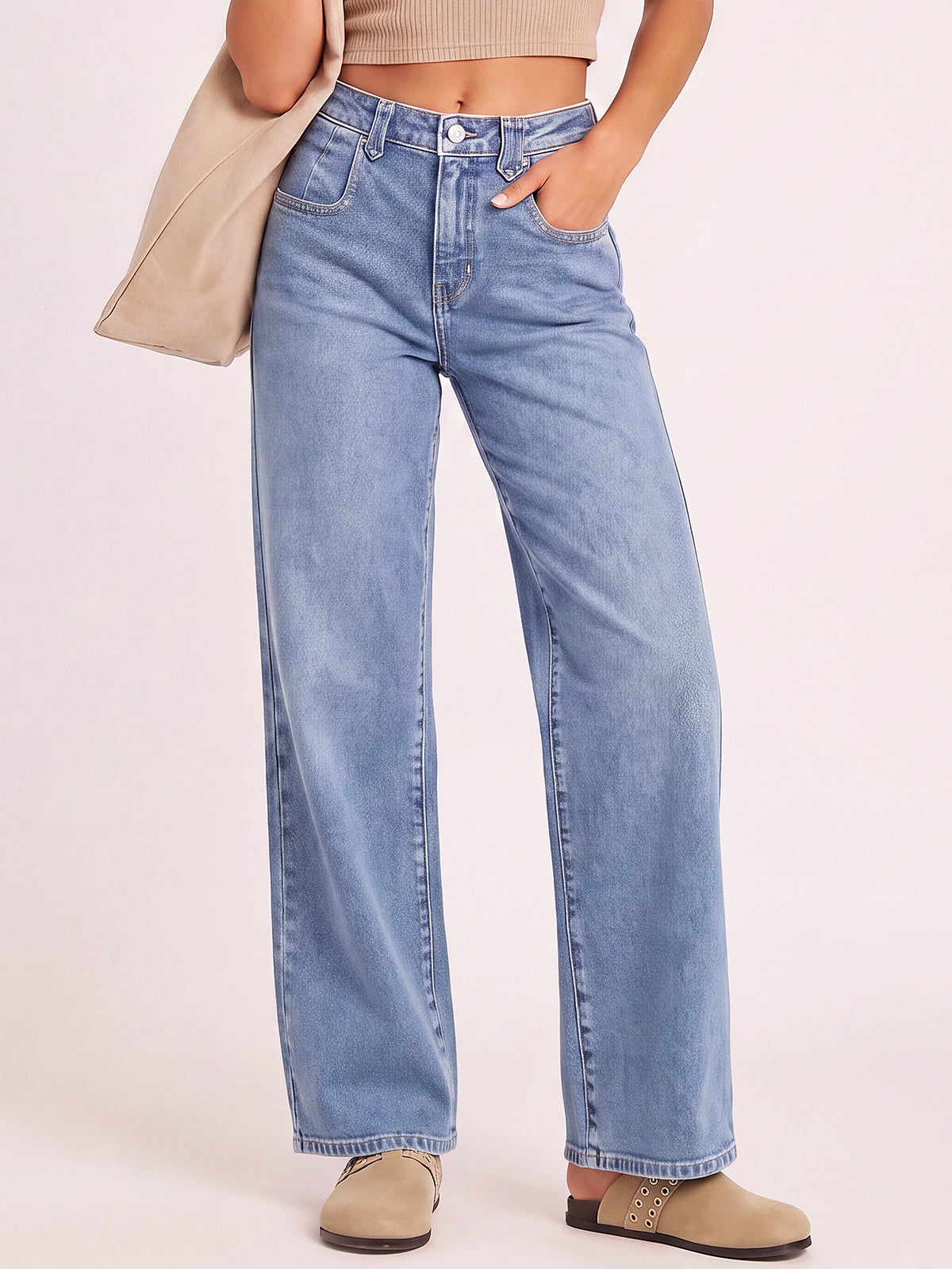 Mid High Rise Baggy Straight Leg Denim Pants