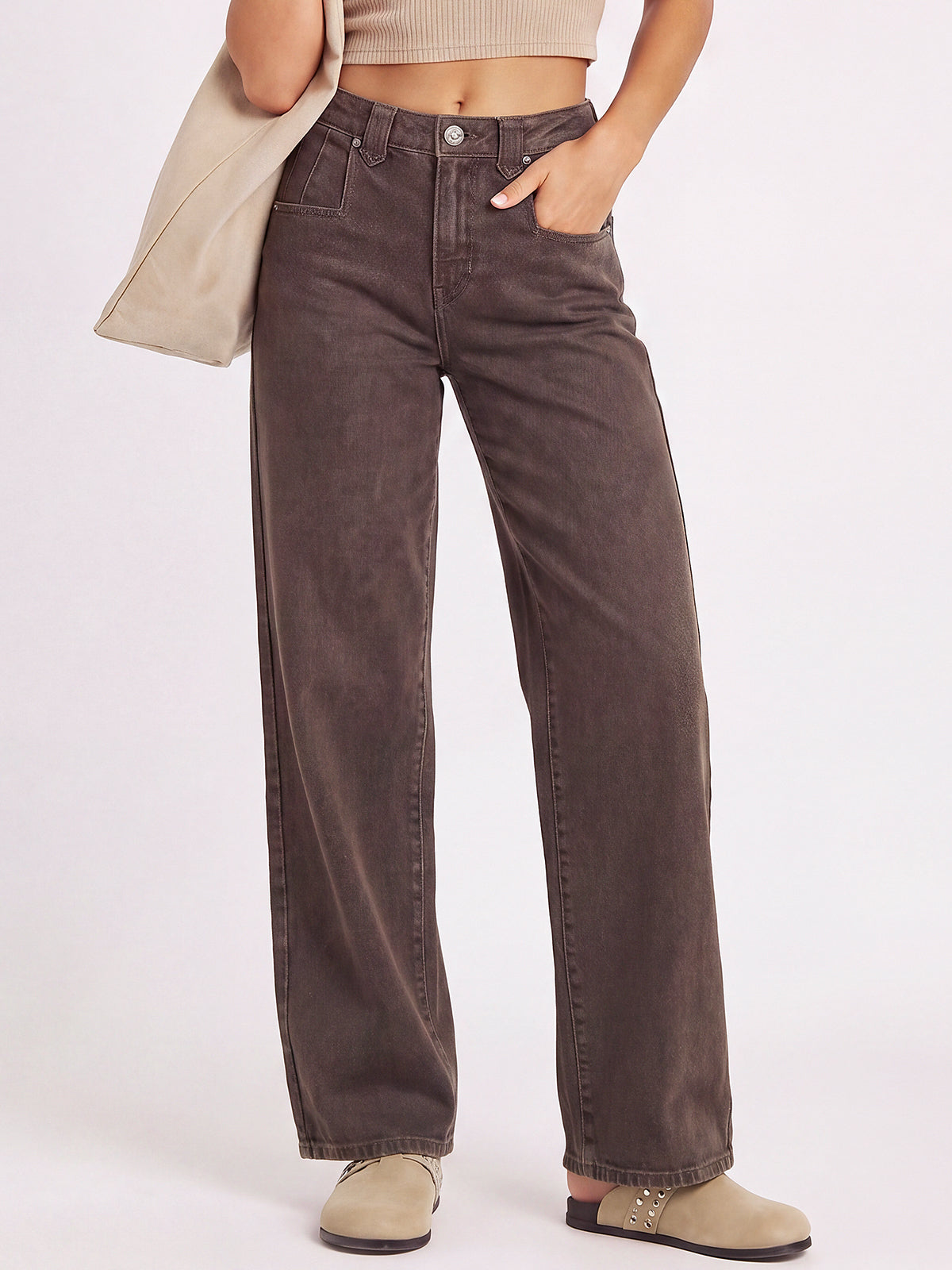 Mid High Rise Baggy Straight Leg Denim Pants