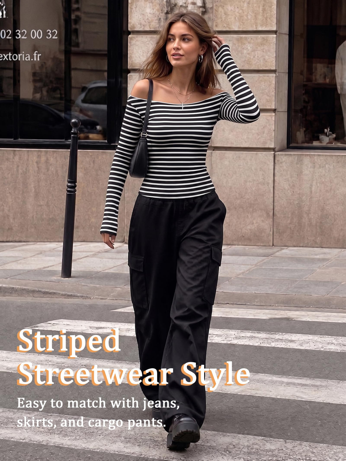 Women Off Shoulder Striped Long Sleeve Top