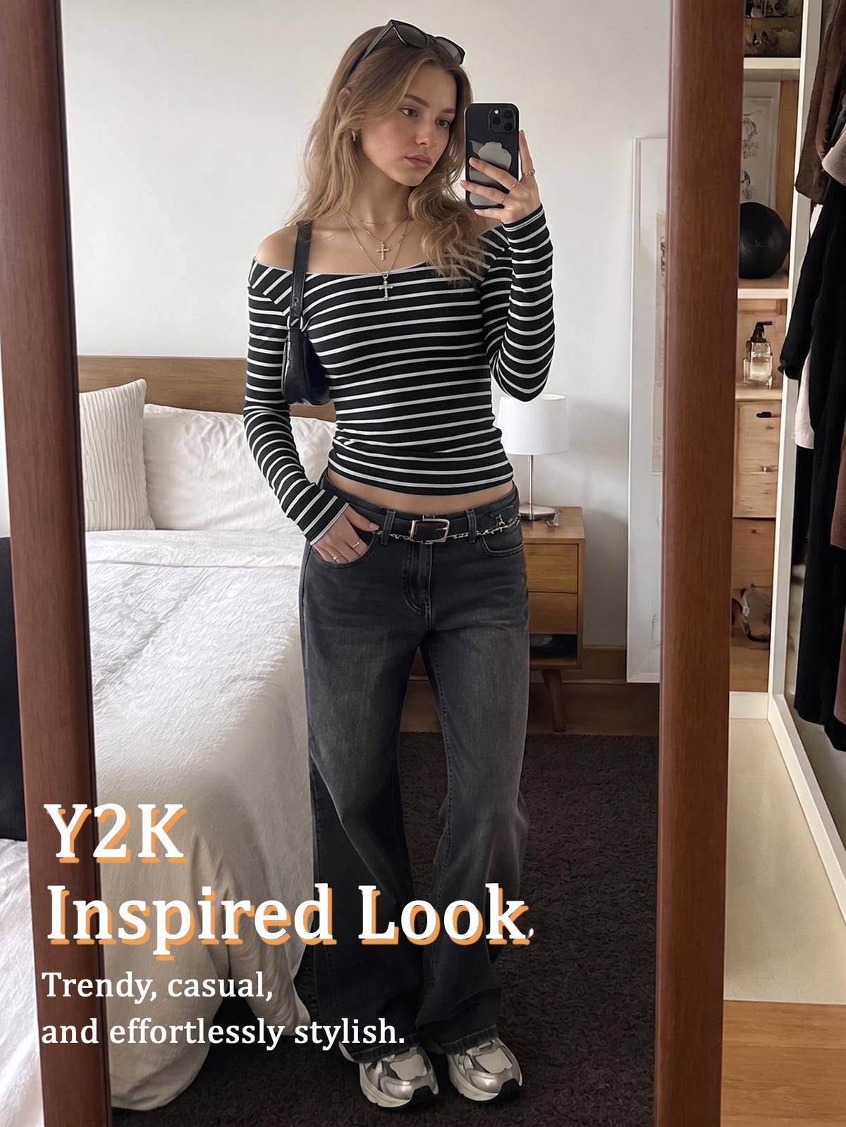 Women Off Shoulder Striped Long Sleeve Top