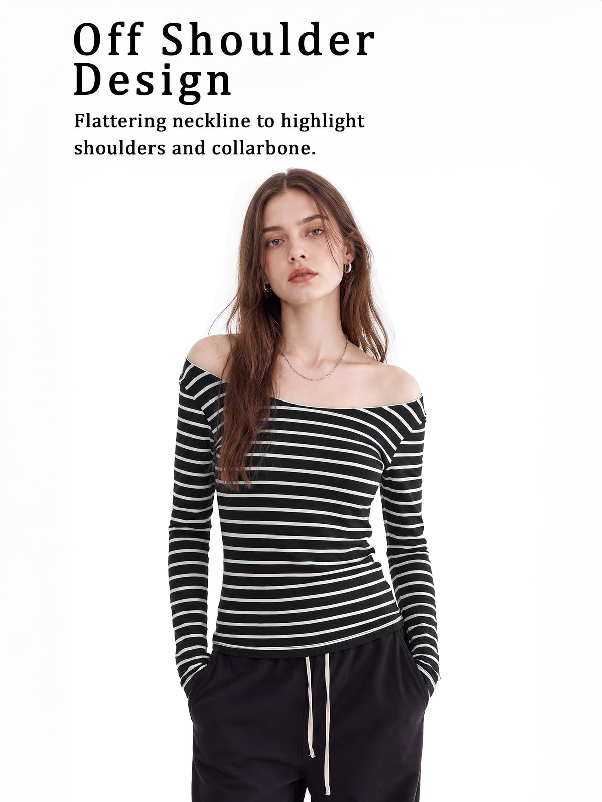 Women Off Shoulder Striped Long Sleeve Top