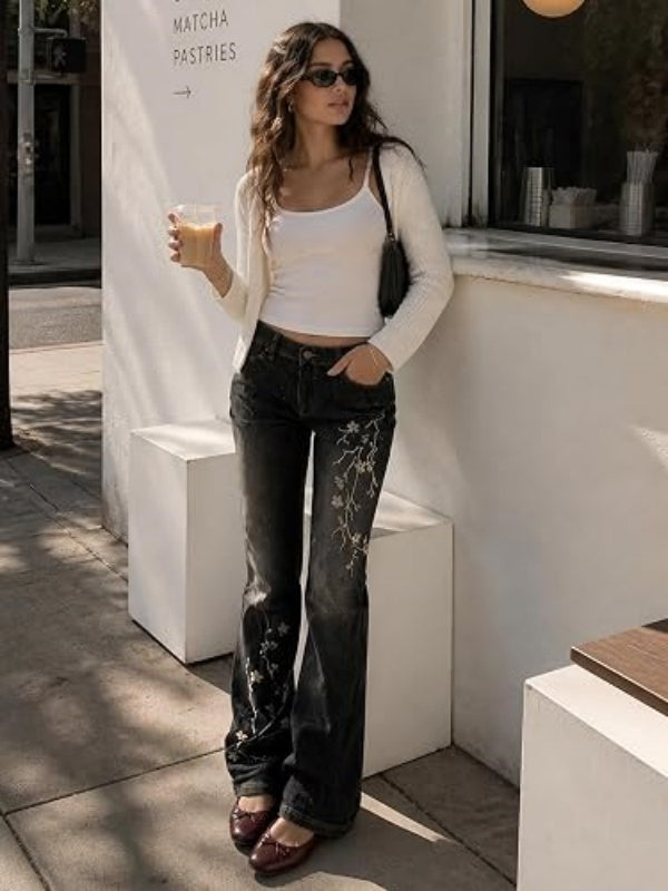 Floral Embroidery Flare Jeans