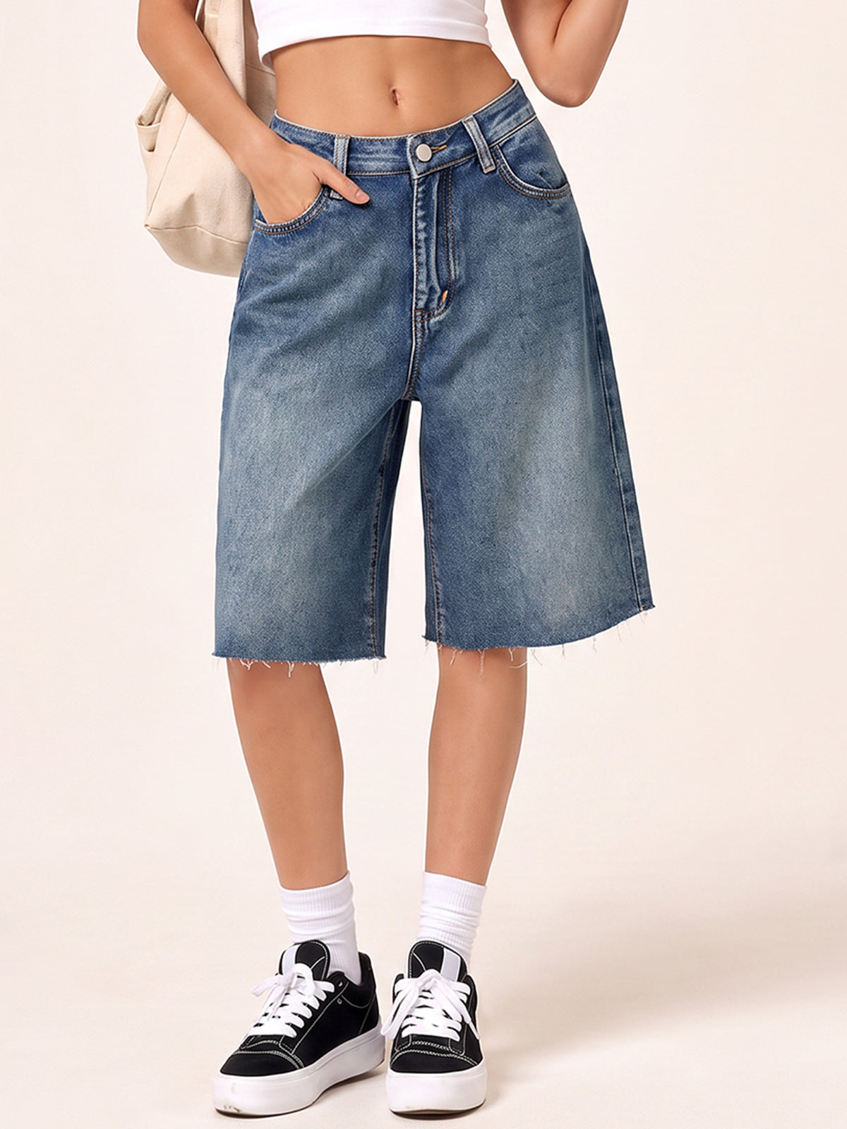 Women High Waisted Denim Bermuda Shorts with Pocket