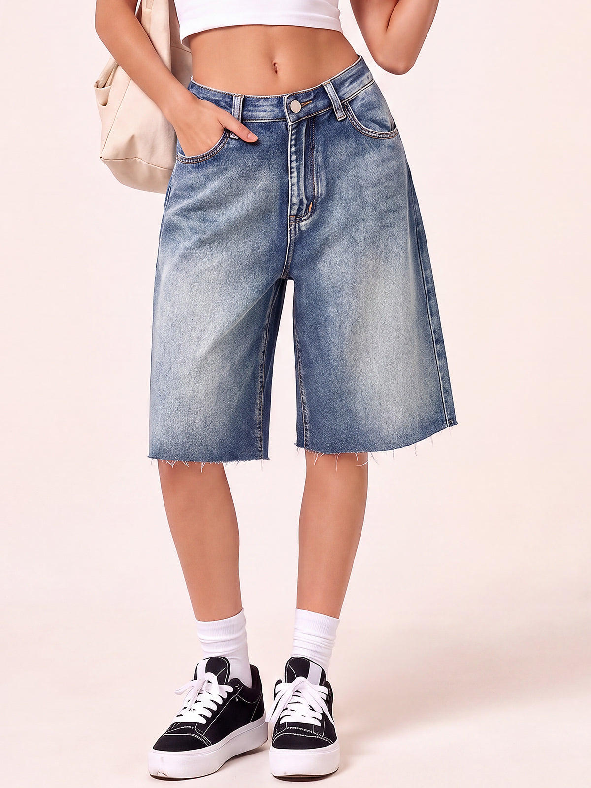 Women High Waisted Denim Bermuda Shorts with Pocket