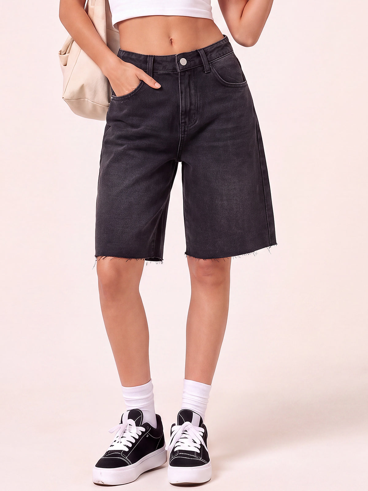 Women High Waisted Denim Bermuda Shorts with Pocket