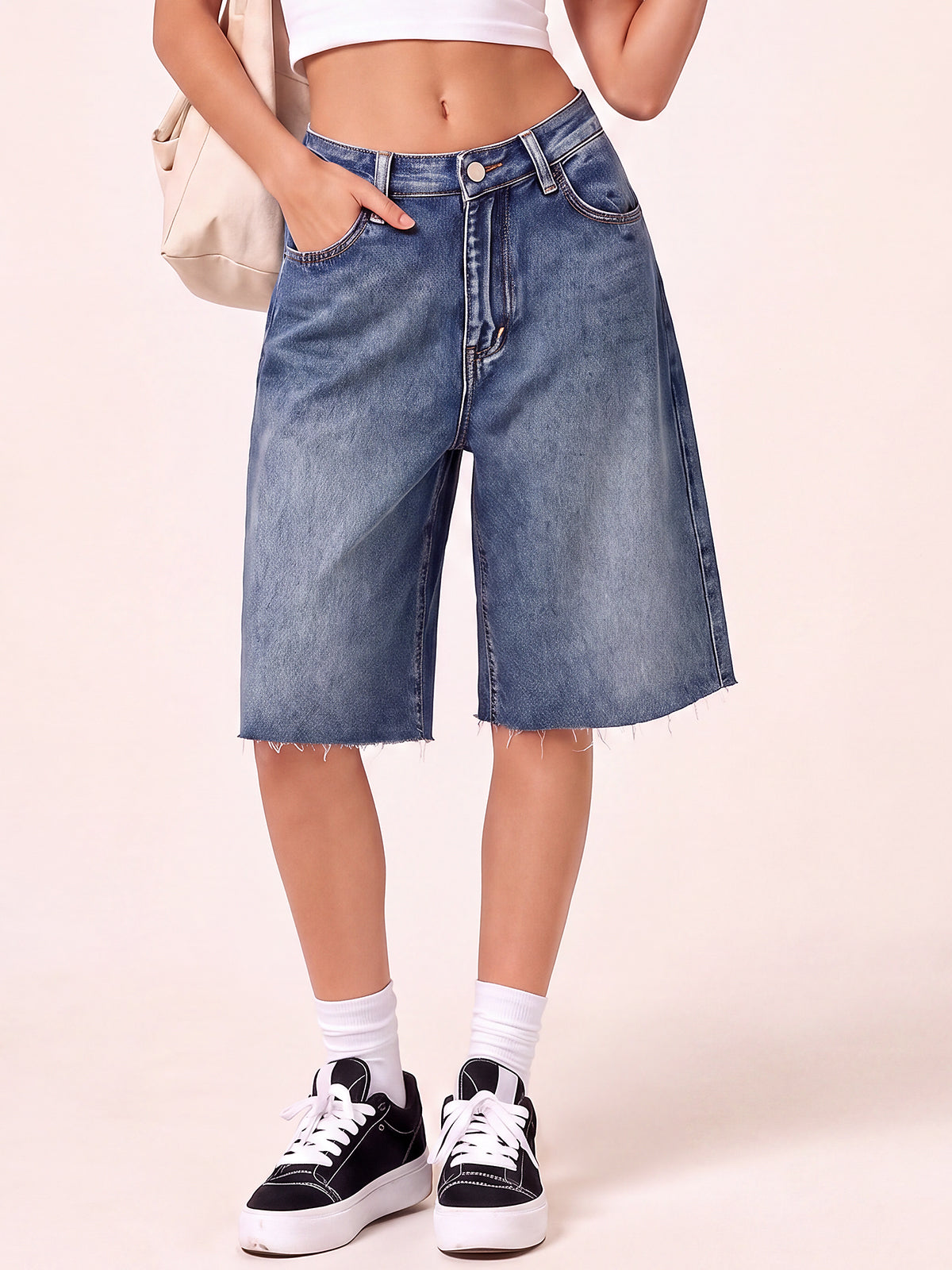 Women High Waisted Denim Bermuda Shorts with Pocket