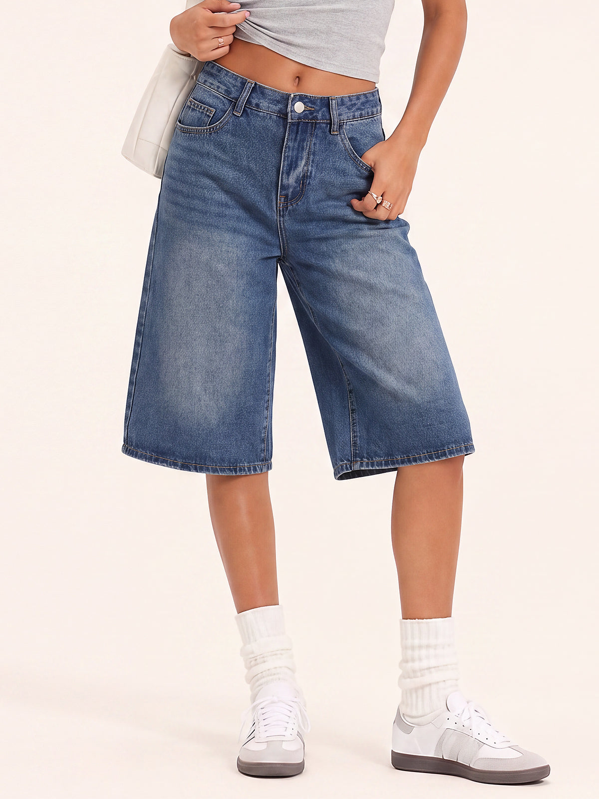 Women Wide Leg Bermuda Denim Shorts