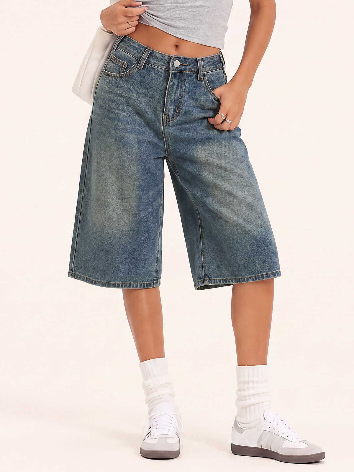 Women Wide Leg Bermuda Denim Shorts