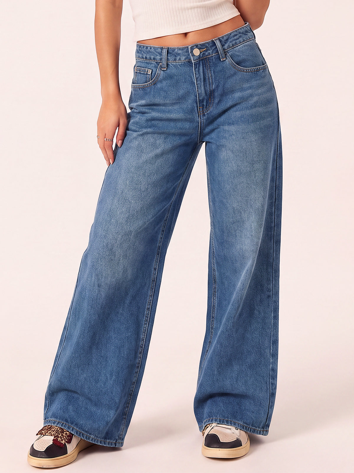 Mid Rise Wide Leg Baggy Denim Pants