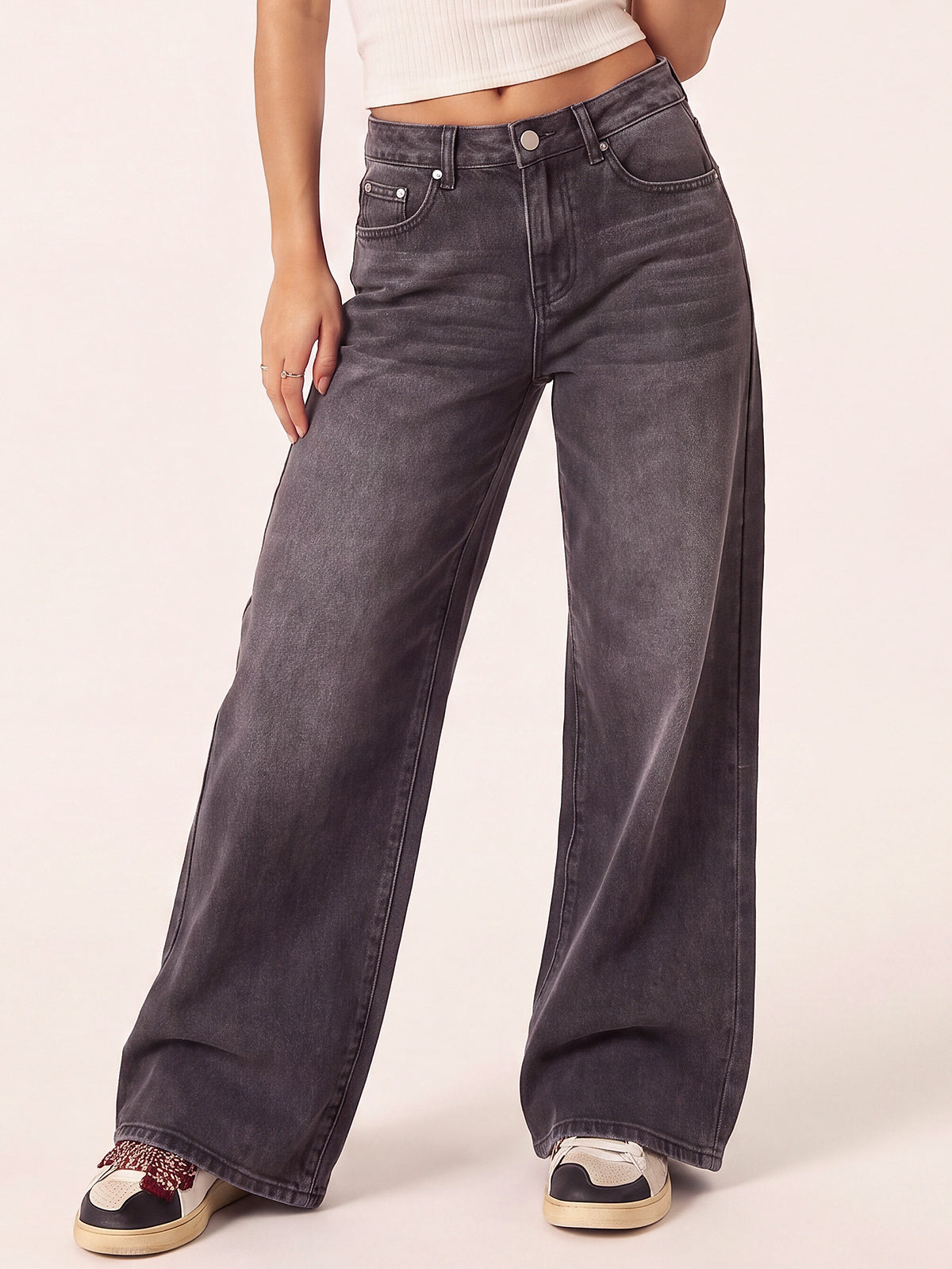 Mid Rise Wide Leg Baggy Denim Pants
