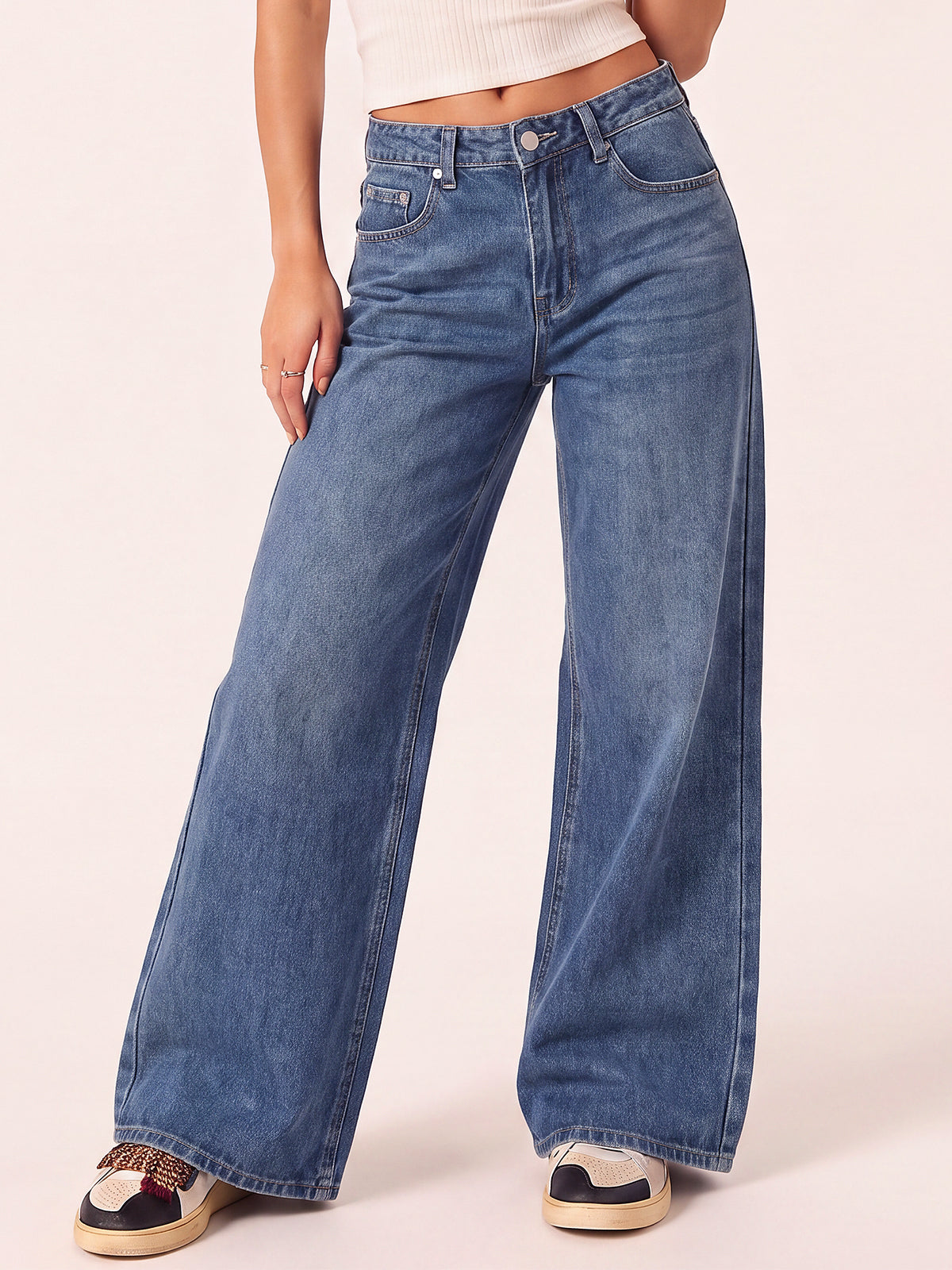 Mid Rise Wide Leg Baggy Denim Pants