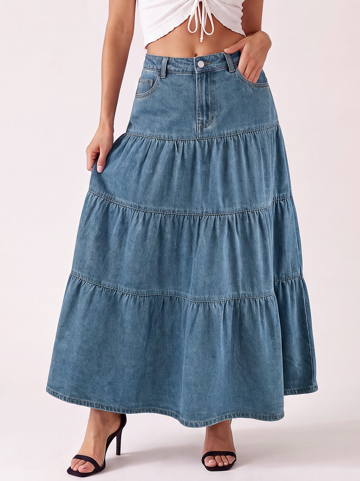 High Waisted A-Line Jean Maxi Skirts with Pockets