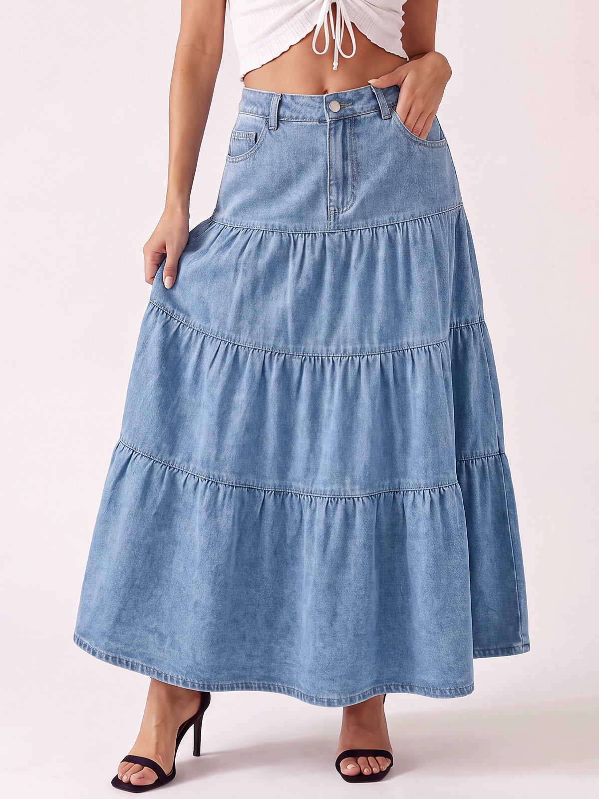 High Waisted A-Line Jean Maxi Skirts with Pockets