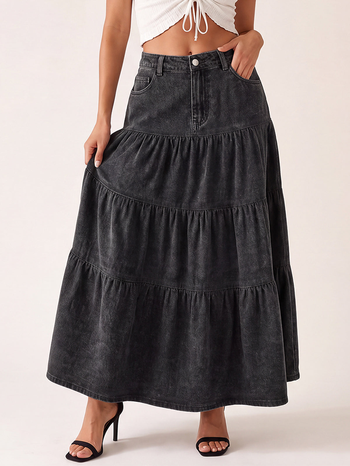 High Waisted A-Line Jean Maxi Skirts with Pockets