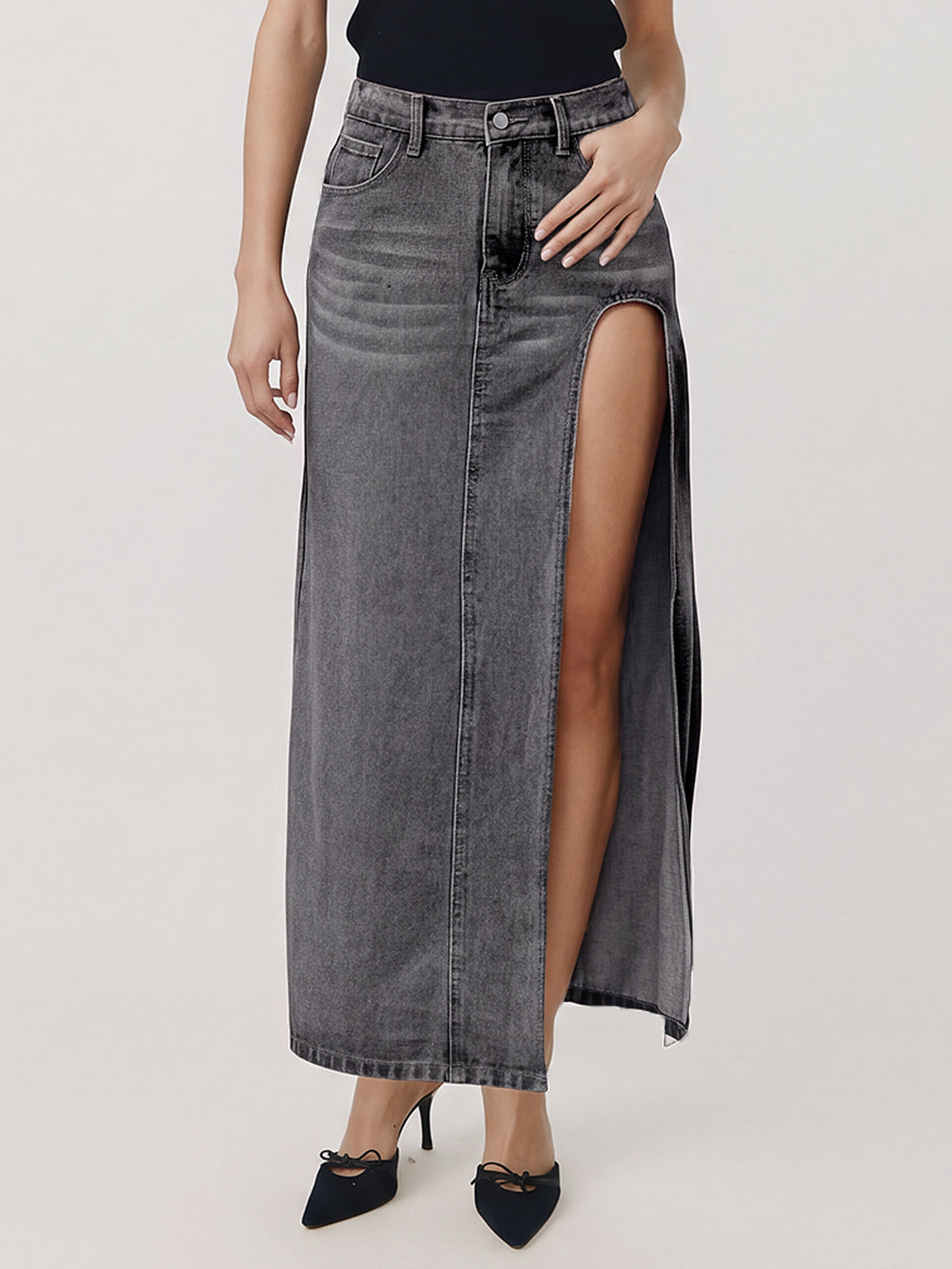 High Waist Side Slit Denim Maxi Skirt