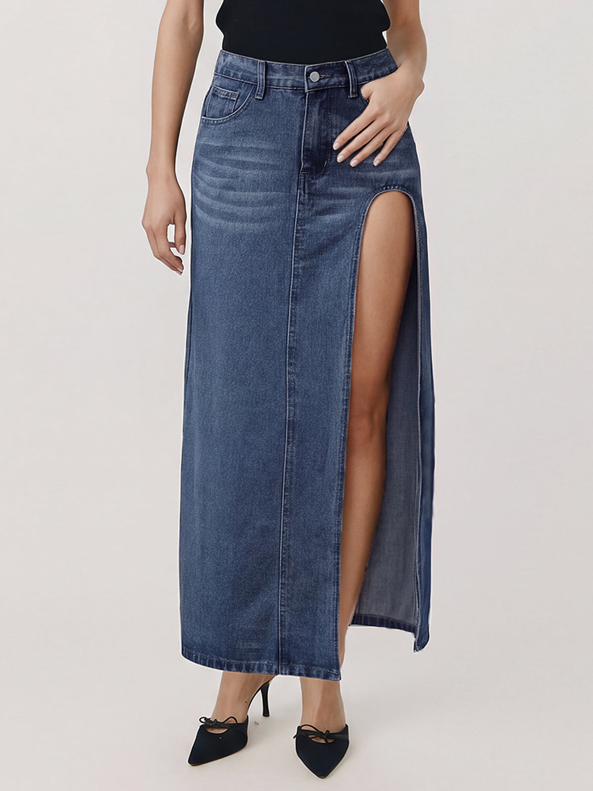 High Waist Side Slit Denim Maxi Skirt