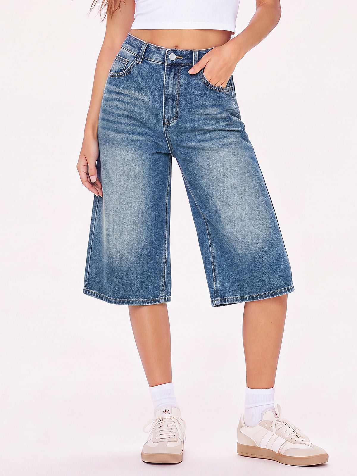 Elastic High Waisted Bermuda Jeans Shorts