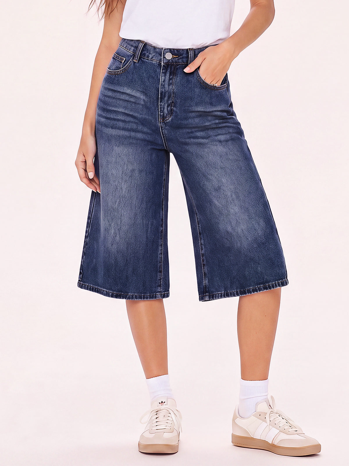 Elastic High Waisted Bermuda Jeans Shorts