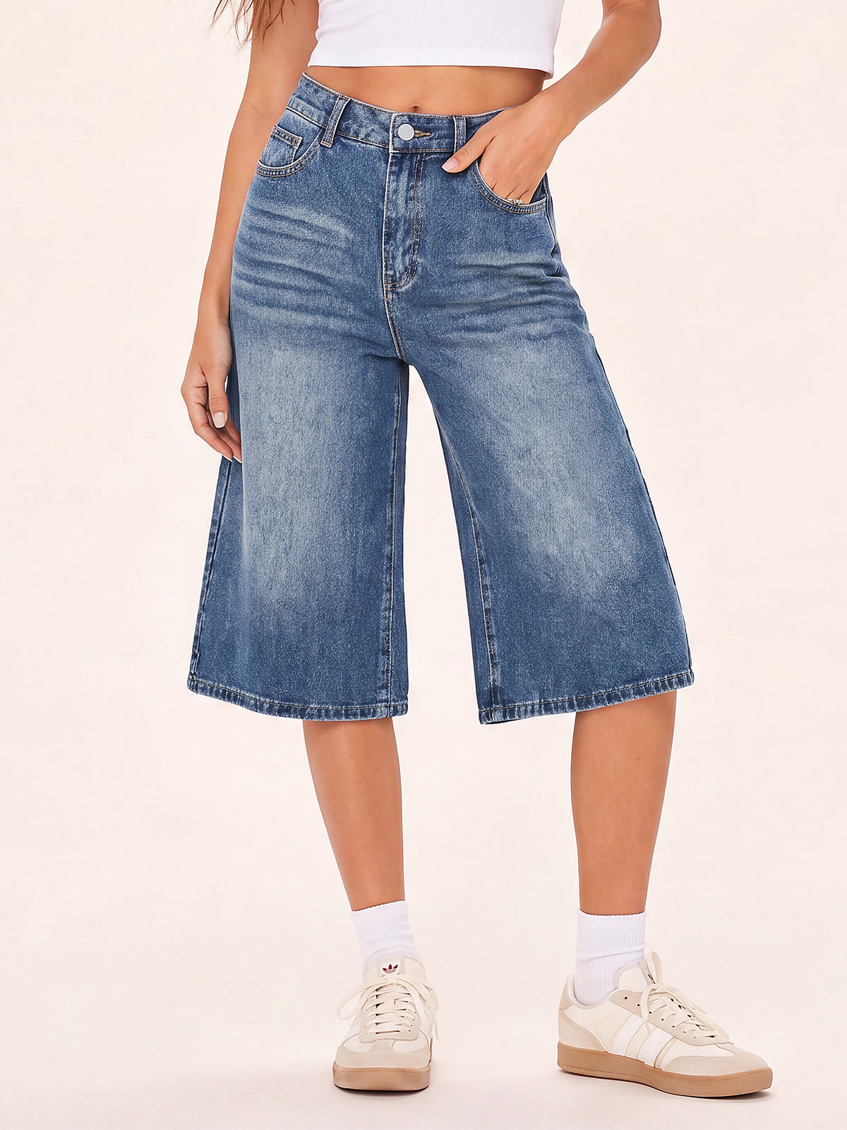 Elastic High Waisted Bermuda Jeans Shorts