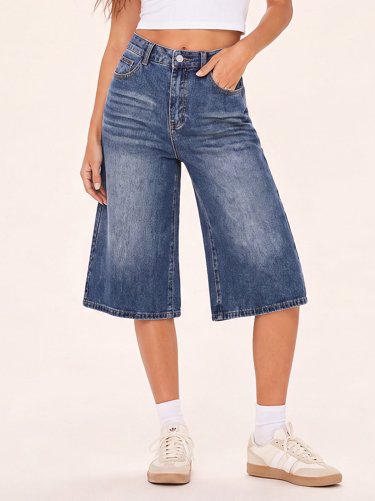 Elastic High Waisted Bermuda Jeans Shorts