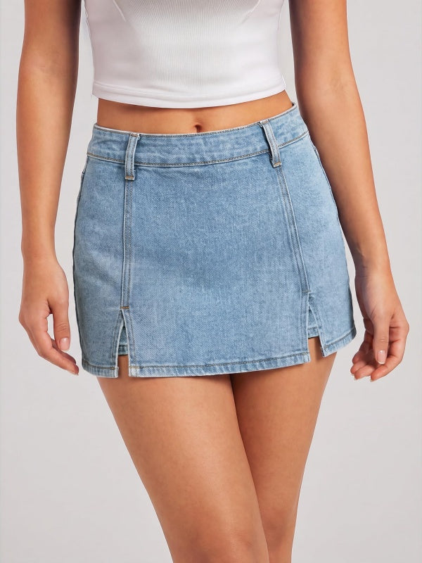 Mid Waisted Side Zipper Denim Skort