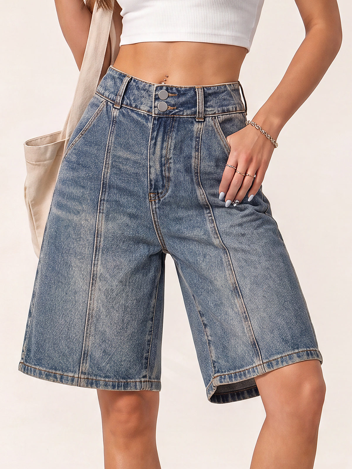 Women's Baggy Jean Shorts with 4 Pockets