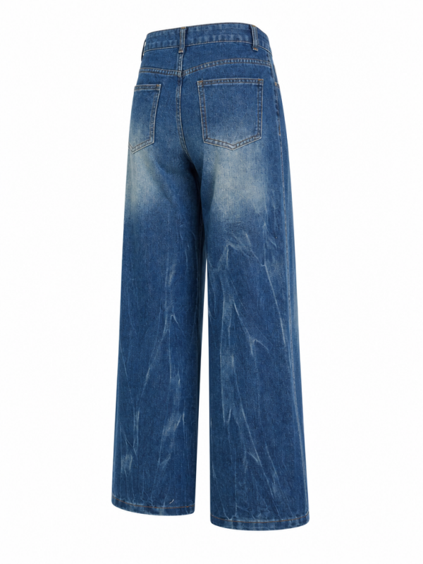 High Waisted Patchwork Pocket Wide Leg Denim Pants